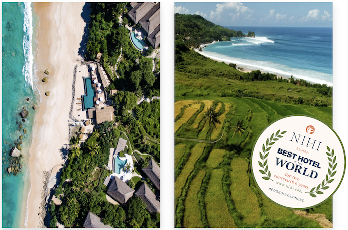Aerial view of a beachfront resort and nearby rice terraces. A Nihi Sumba Badge reads "NIHI SUMBA | Best Hotel in the World" and mentions consecutive awards for 11 years.